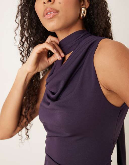 Nobody's Child Seren scarf tie neck midi dress in dark grape, 2 of 4