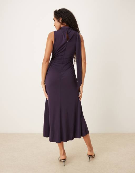 Nobody's Child - Seren - Vestito midi color uva scuro con sciarpa allacciata al collo, 3 di 4