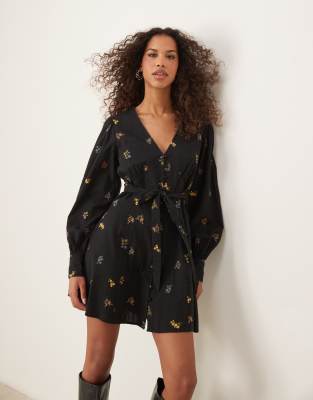 Shannon long sleeve mini dress in black ditsy