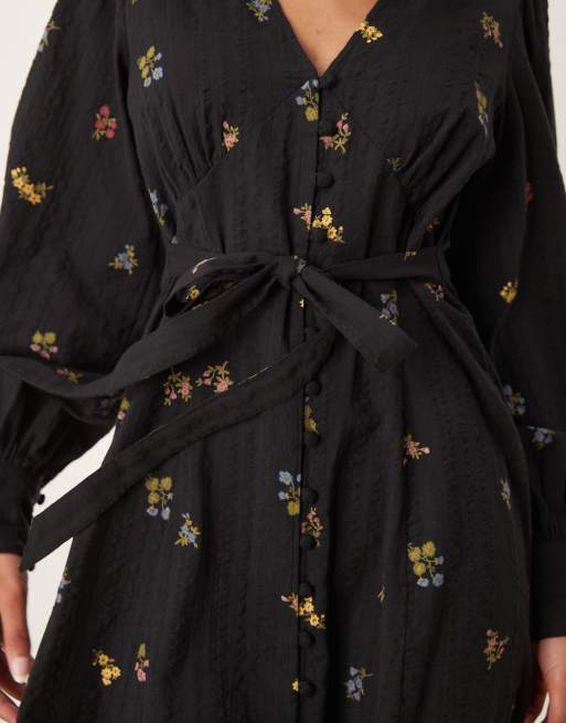 Nobody s Child Shannon long sleeve mini dress in black ditsy