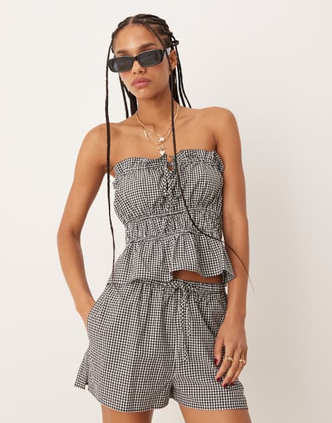 Nobody's Child - Shannon - Sorte og hvide shorts med bindebånd i taljen og gingham-tern - view 1