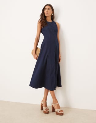 Nobody's Child - Shari - Ärmelloses Midikleid aus Denim in Indigoblau mit A-Linien-Schnitt und Knopfleiste