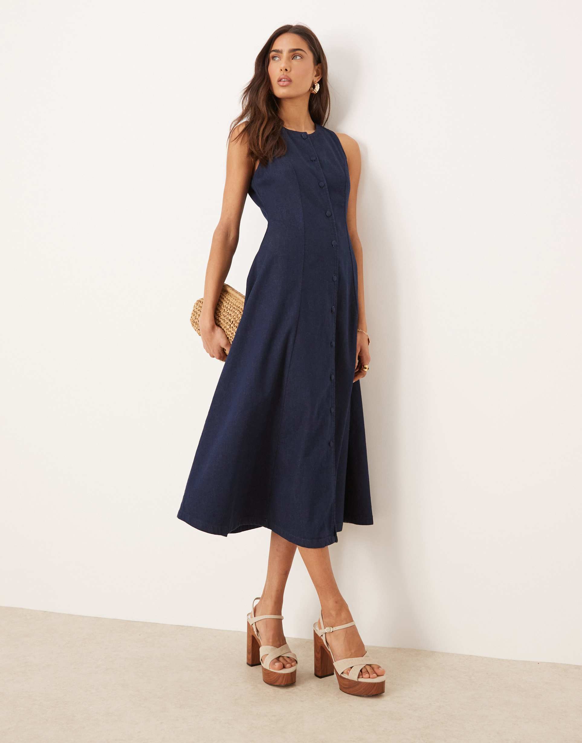 nobody's child shari sleeveless a-line button denim midi dress in indigo