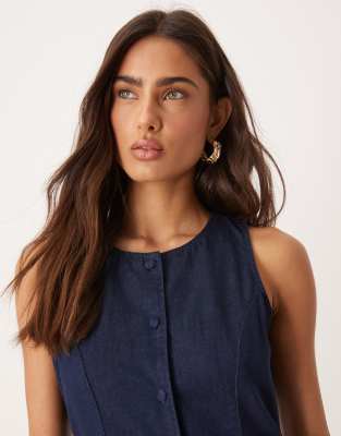 NOBODY'S CHILD SHARI SLEEVELESS A-LINE BUTTON DENIM MIDI DRESS 