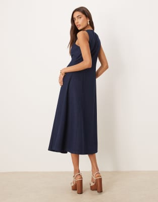 nobody's child shari sleeveless a-line button denim midi dress in indigo