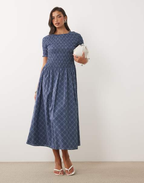 Nobody's Child - Shay - Vestito midi blu a quadri con maniche a sbuffo arricciate - view 1