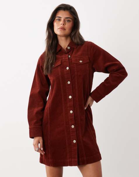 Nobody's Child Sheena cord spread collar button down shirt dress in rust - view 1