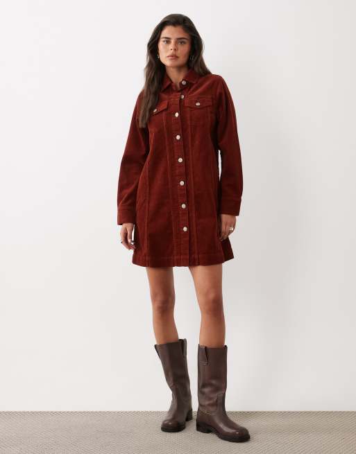 Nobody's Child Sheena cord spread collar button down shirt dress in rust, 3 of 4