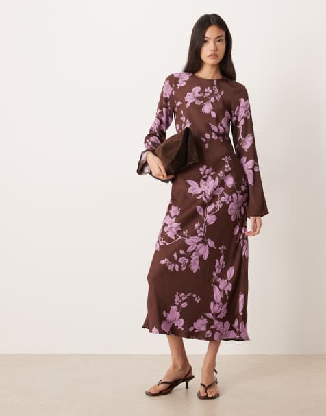 Nobody's Child Shiloh satin long sleeve midaxi dress in brown oversized floral - view 1