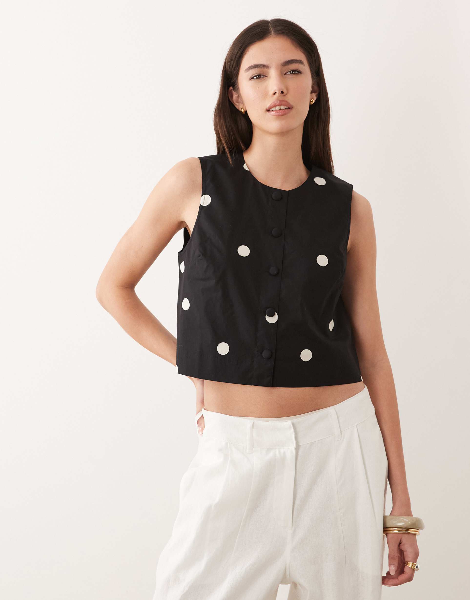 nobody's child shirley cotton button up sleeveless top in black polka dot