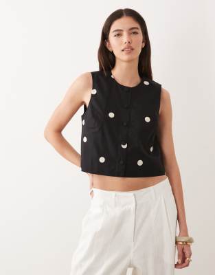 Shirley - Top boutonné sans manches en coton - Noir à pois 38