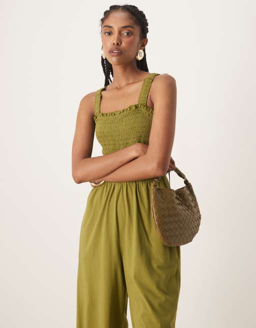 Nobody's Child shirred bodice wide leg jumpsuit in khaki, 4 of 4