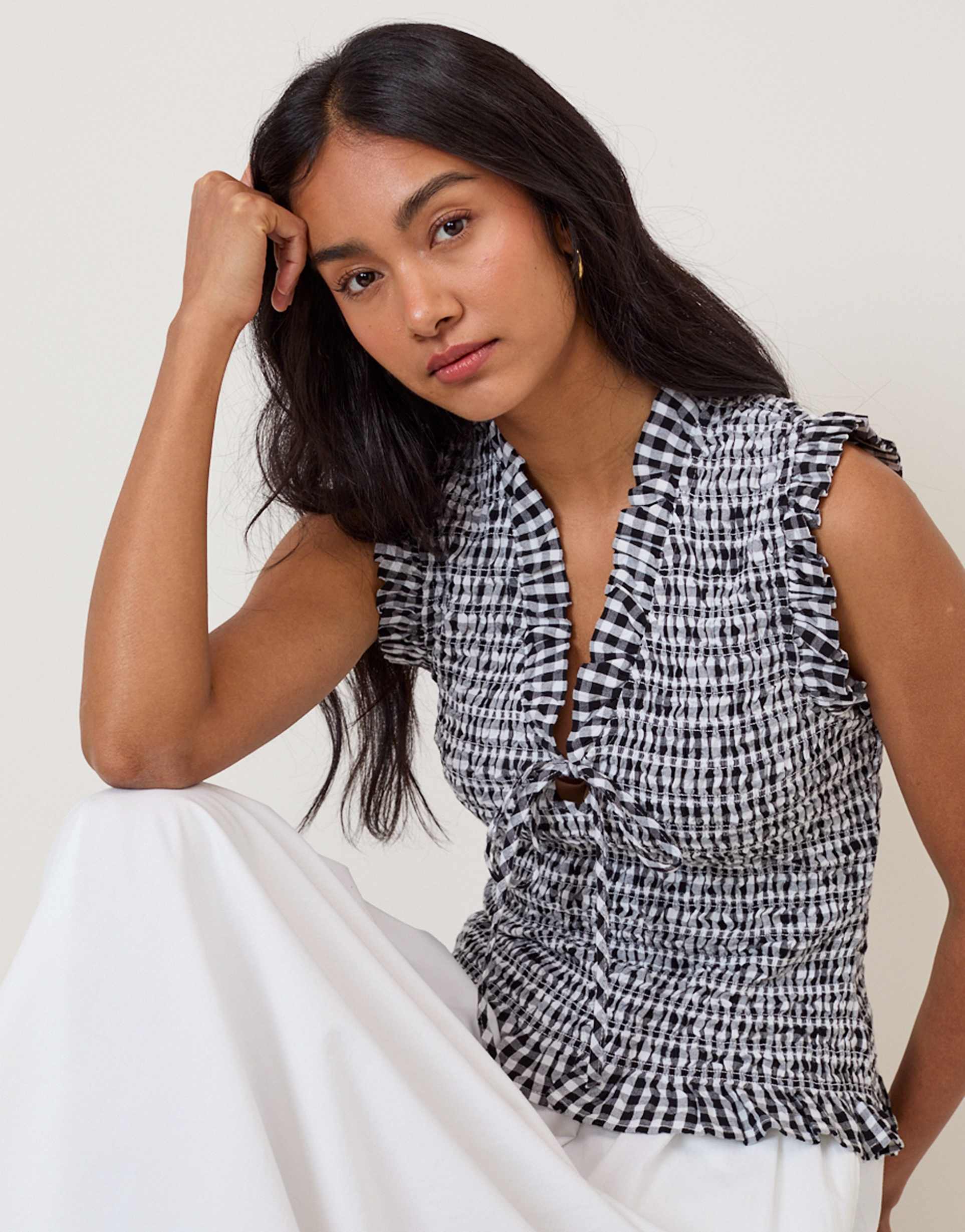 nobody's child shirred top in black and white gingham