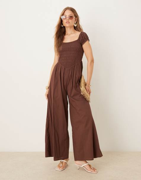Nobody's Child shirred wide leg jumpsuit in neutral - view 1