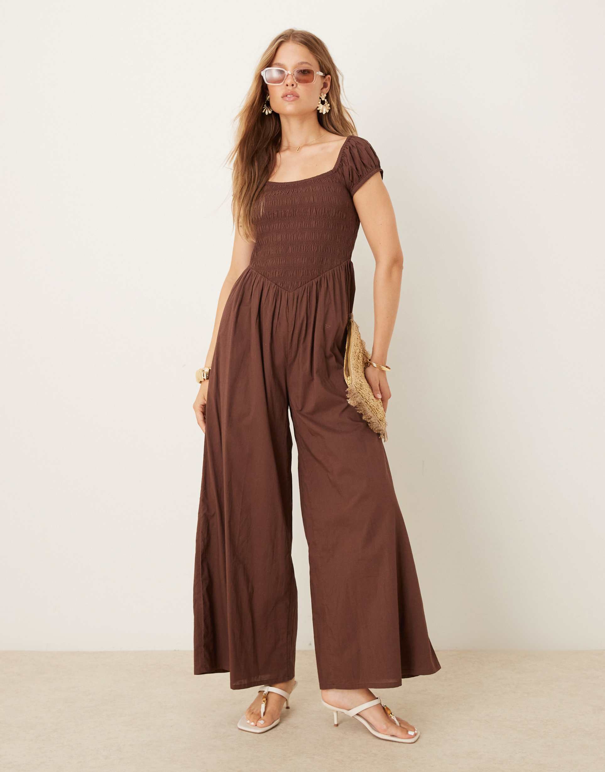 nobody's child shirred wide leg jumpsuit in neutral