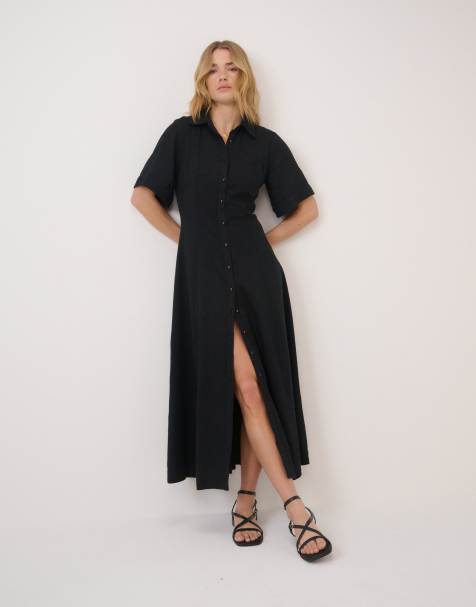Nobody's Child Short sleeve linen-blend dillon shirt dress in black
