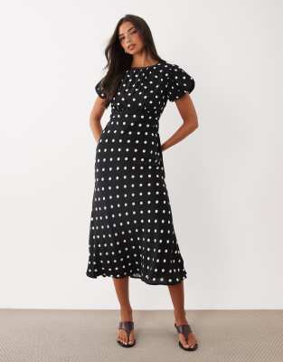 Nobody's Child Sicily Puff Sleeve Bias Cut Midi Dress In Black