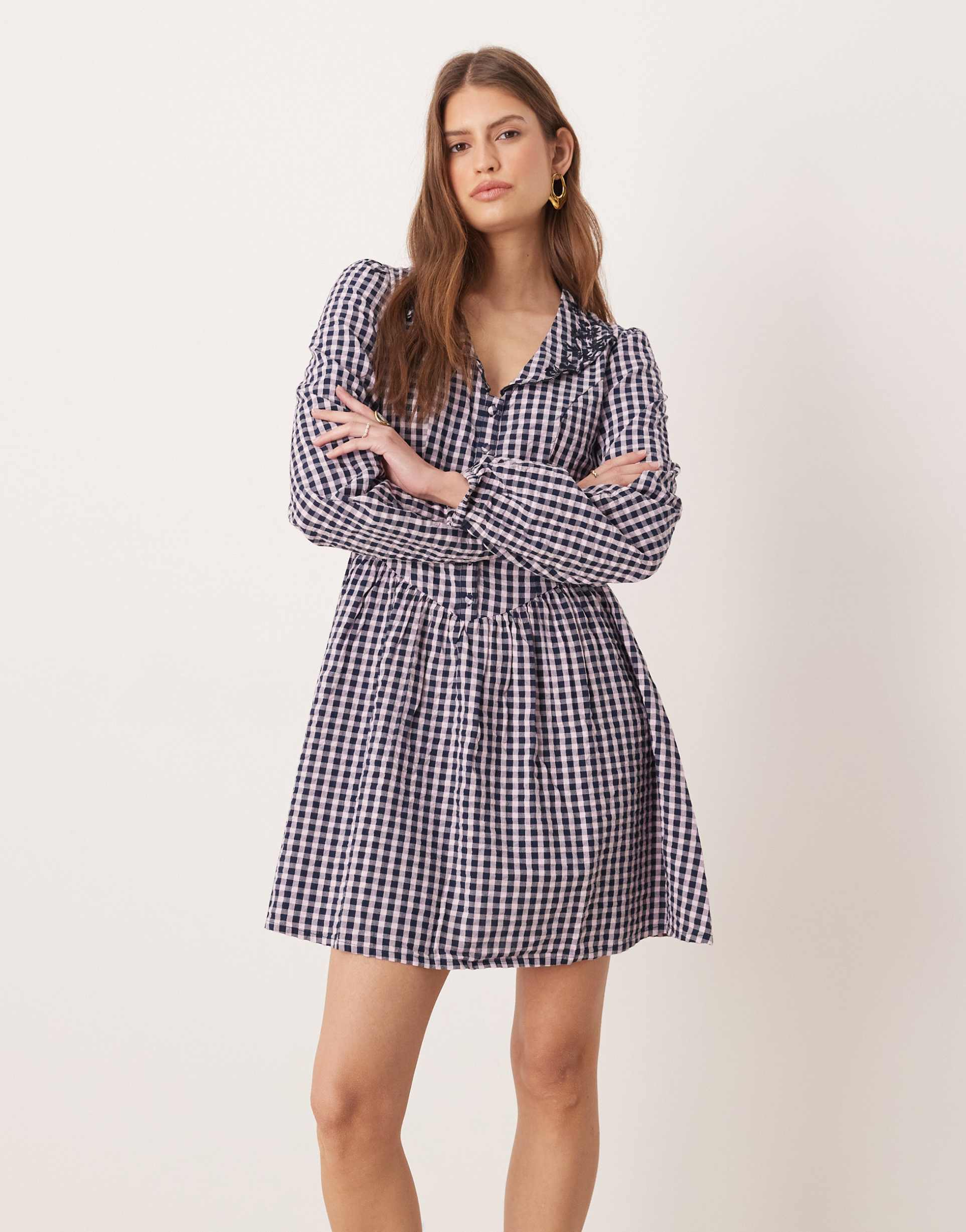 nobody's child sienna embroidered collar mini dress with button front in blue & pink plaid