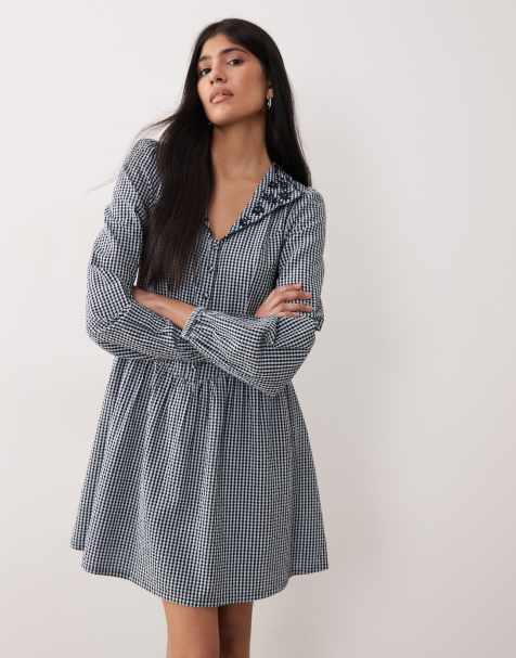 Nobody's Child Sienna scallop eged embroidered collar button front mini dress in blue check