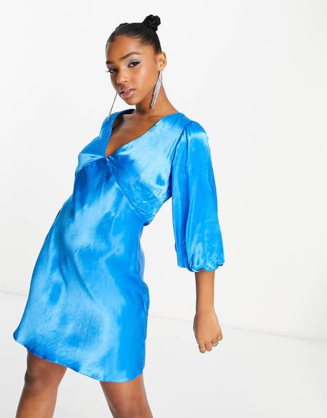 Nobody's Child Sierra puff sleeve satin mini dress in blue - view 1
