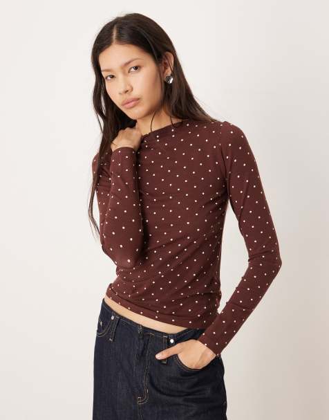 Nobody's Child slash high neck top in brown polka dot print - view 1