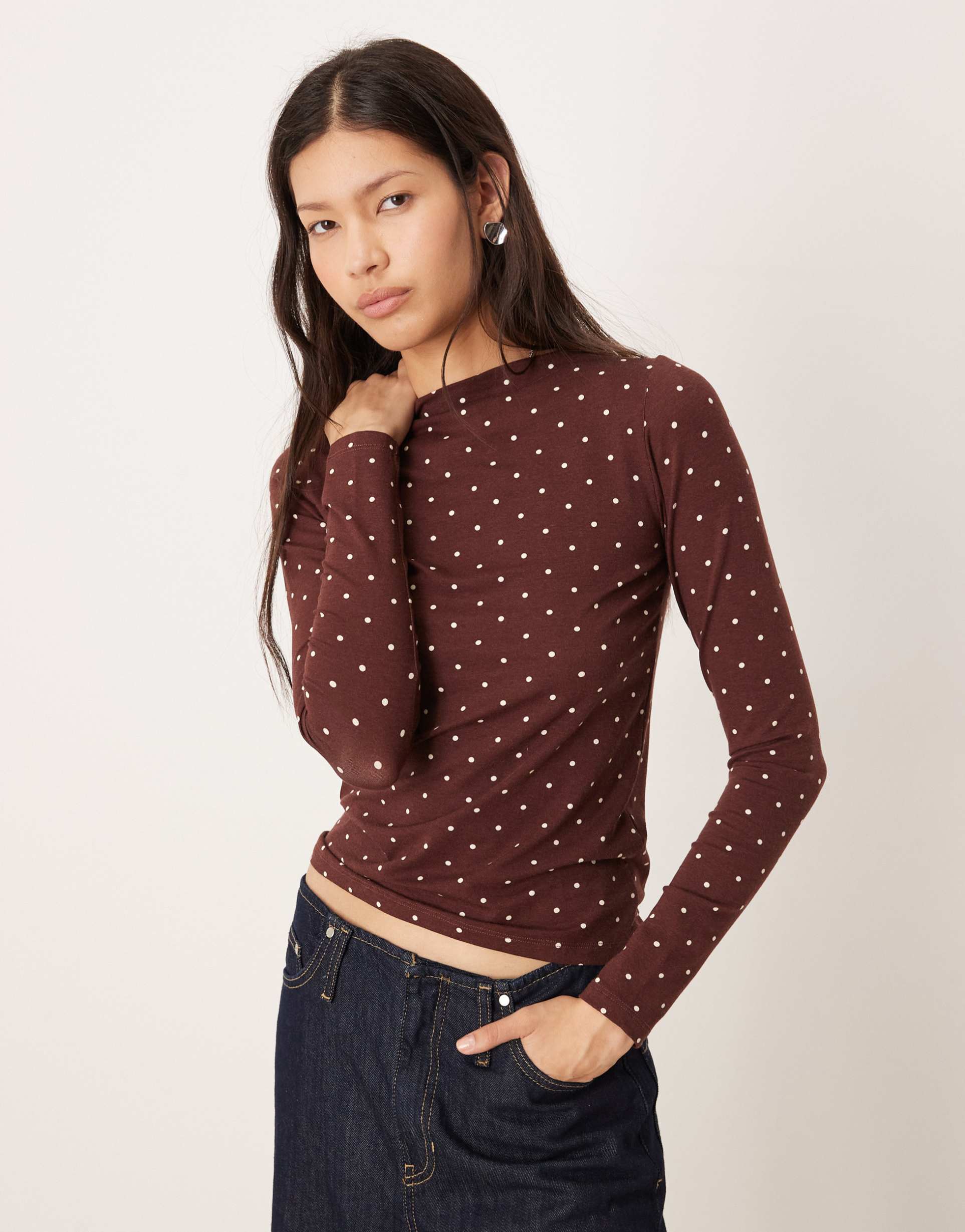 nobody's child slash high neck top in brown polka dot print