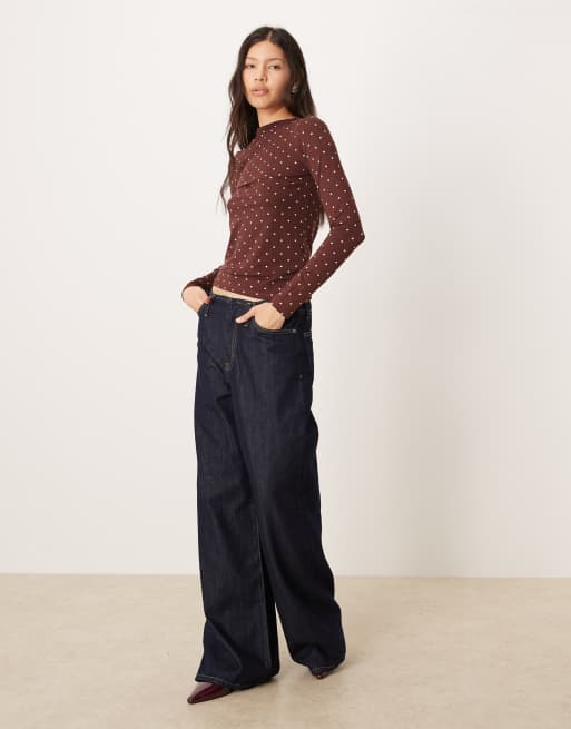 Nobody's Child slash high neck top in brown polka dot print, 2 of 4