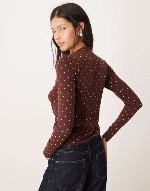 Nobody's Child slash high neck top in brown polka dot print, 4 of 4