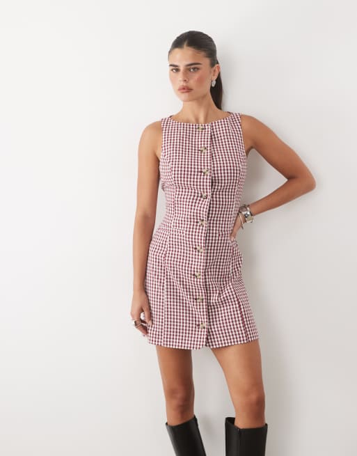 Nobody's Child slash neck tailored button down sleeveless mini dress in red gingham, 2 of 4