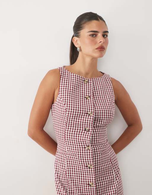 Nobody's Child slash neck tailored button down sleeveless mini dress in red gingham, 3 of 4