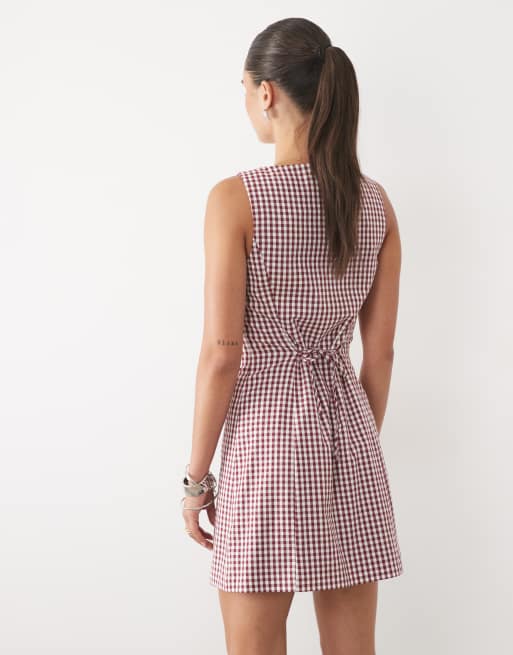 Nobody's Child slash neck tailored button down sleeveless mini dress in red gingham, 4 of 4