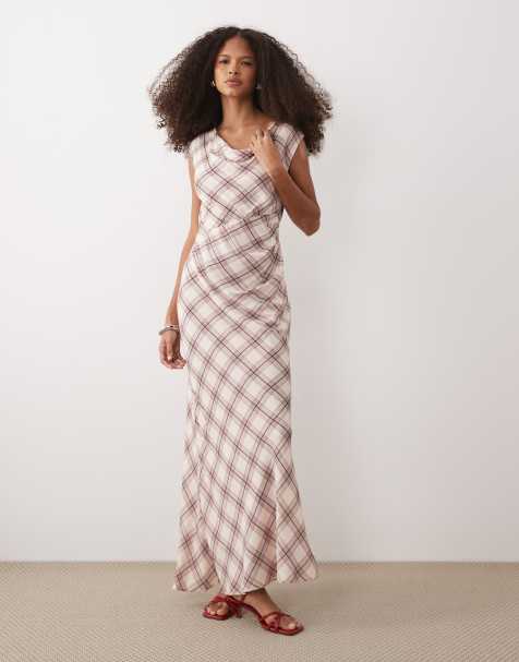 Nobody's Child sleeveless cowl neck bias cut maxi dress in cream and pink check - view 1