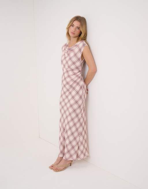 Nobody's Child sleeveless cowl neck bias cut maxi dress in cream and pink  plaid | ASOS