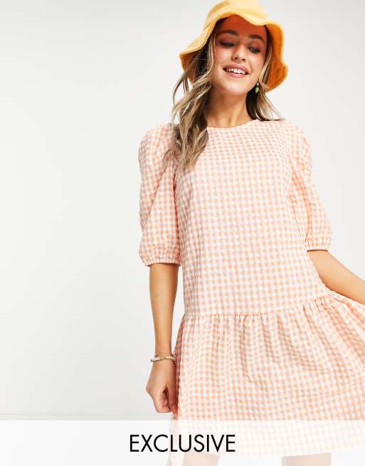 Nobody's Child smock frill dress in peach check