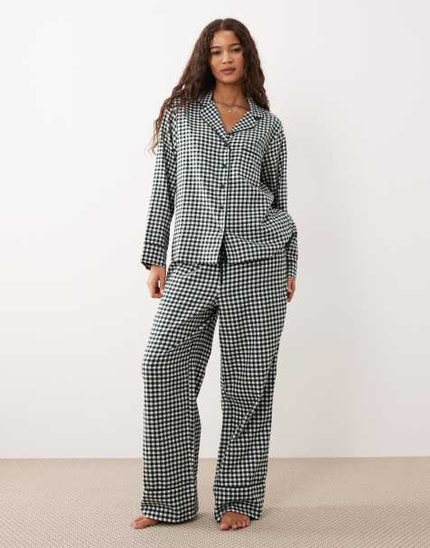 Nobody's Child soft flannel pajama bottoms in green check - part of a set - view 1