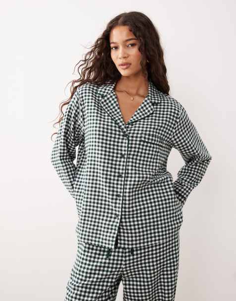 Nobody's Child soft flannel pyjama top co-ord in green check - view 1