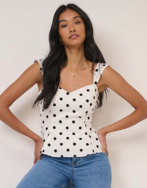 Nobody's Child Sonning linen and cotton blend sweetheart neck top in white and black polka dot - view 1