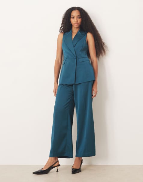 Nobody's Child Sorley satin wide leg trousers co-ord in dark green - view 1