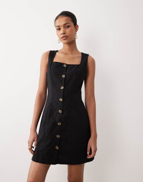 Nobody's Child Rosie square neck  button front mini dress in black