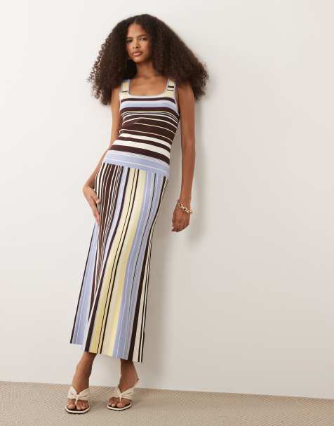 Nobody's Child square neck drop waist midi dress in brown and blue stripe - view 1