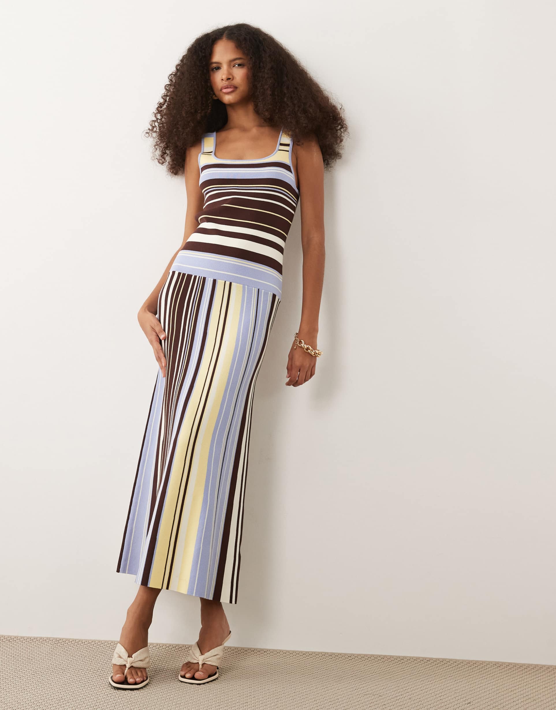 nobody's child square neck drop waist midi dress in brown and blue stripes