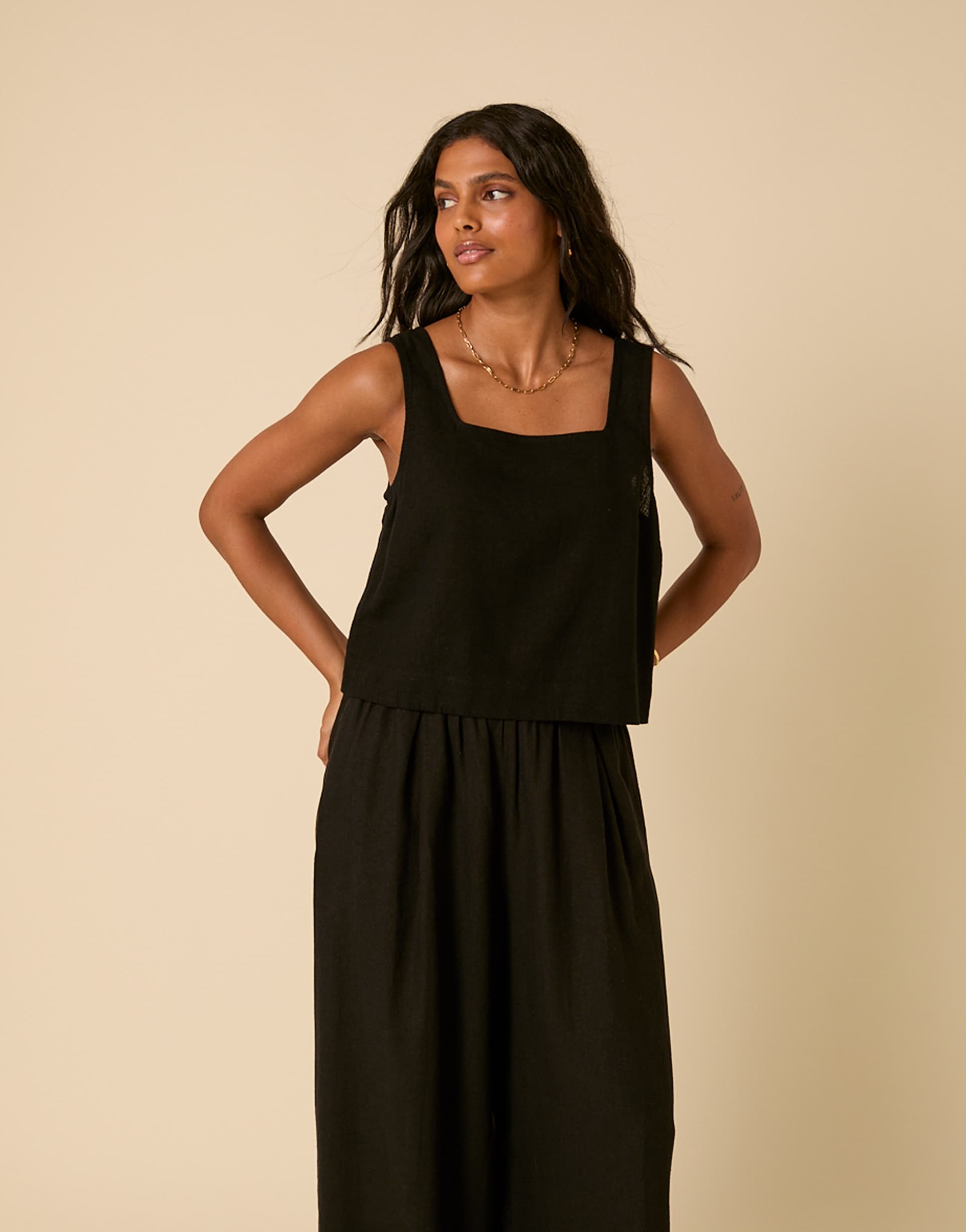 nobody's child stanley linen blend top in black - part of a set