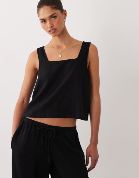 Nobody's Child Stanley square neck linen blend top in black (part of a set) - view 1