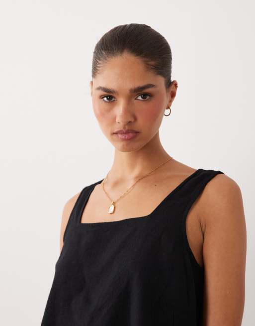 Nobody's Child - Stanley - Top con scollo squadrato in misto lino nero in coordinato, 3 di 4