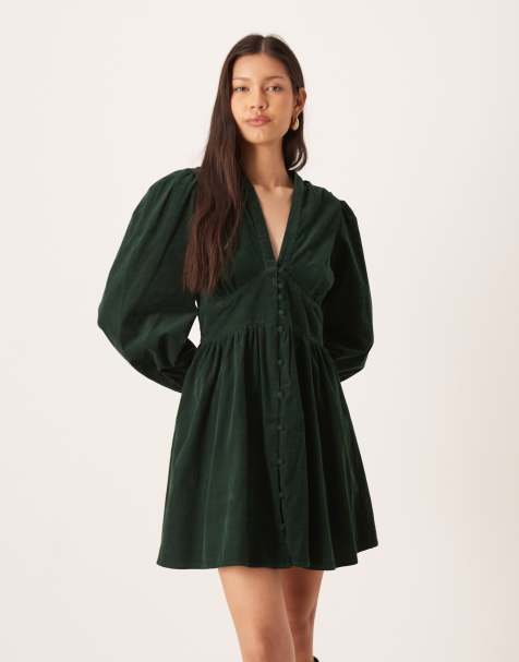 Nobody's Child Starlight cord balloon sleeve button through v neck mini dress in forest green - view 1
