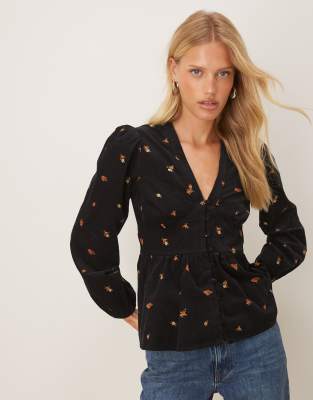 Nobody's Child - Starlight - Cord-Bluse in Schwarz mit Blümchenmuster