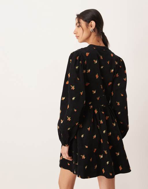 Nobody's Child Starlight cord embroidered v neck button front mini dress in black, 4 of 4