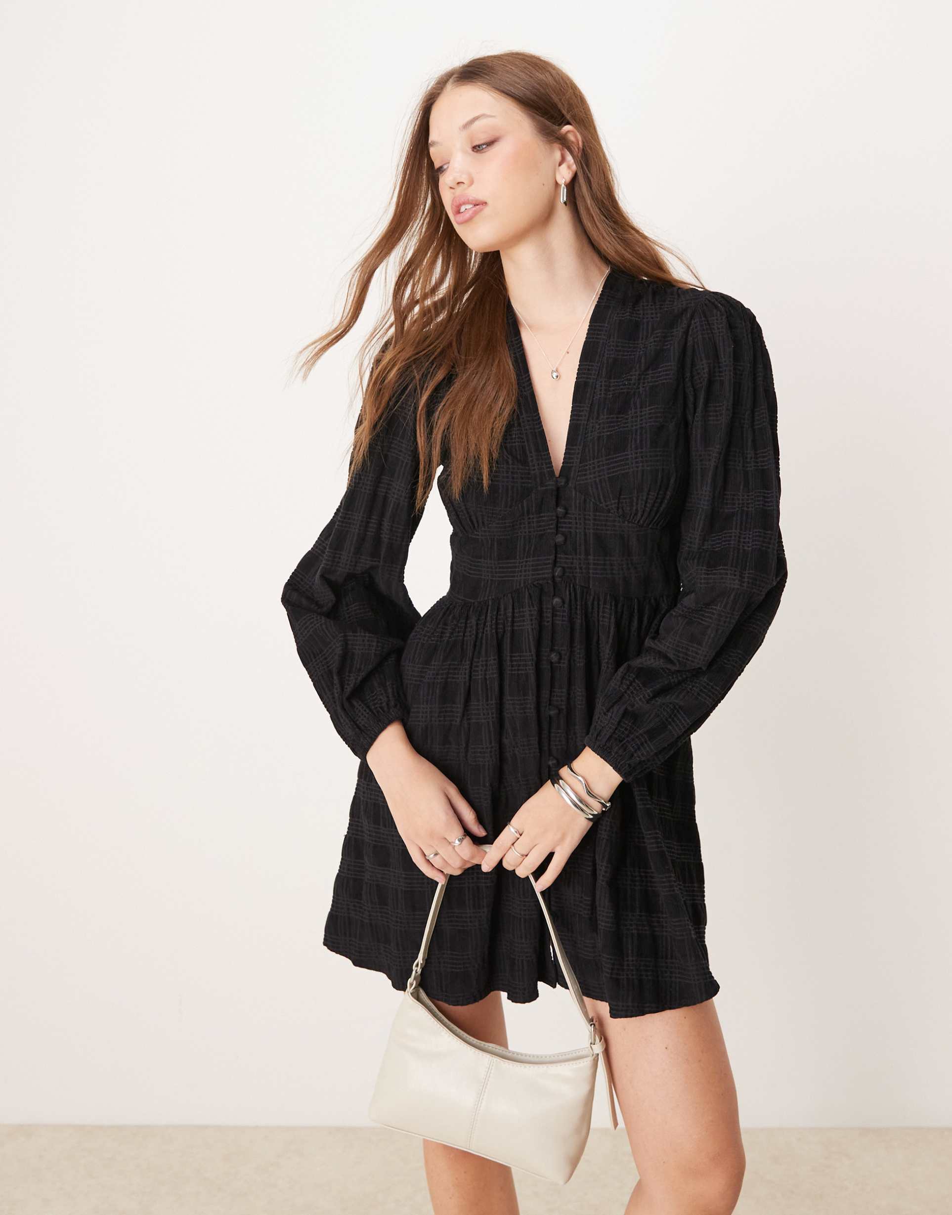 nobody's child starlight cord mini dress with balloon sleeves in black check