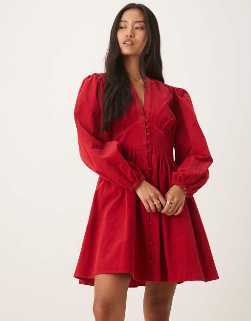 Nobody's Child Starlight corduroy long sleeve mini dress in red | ASOS