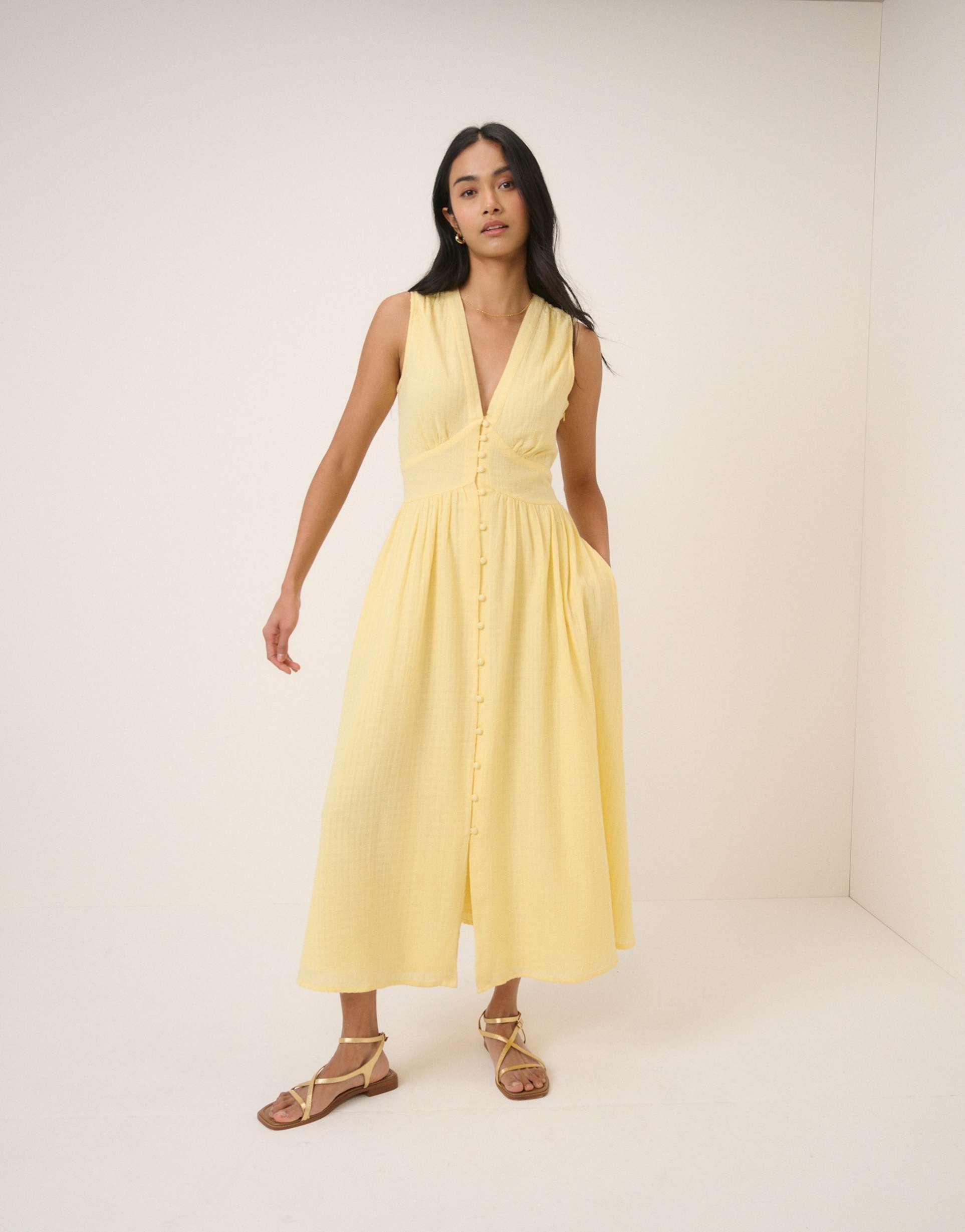 nobody's child starlight cotton rich sleeveless bodice detailing midi dress in yellow